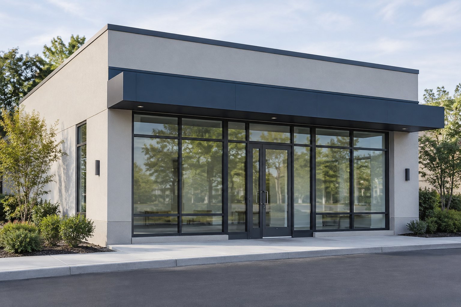 Fachada de um empreendimento comercial com arquitetura simples