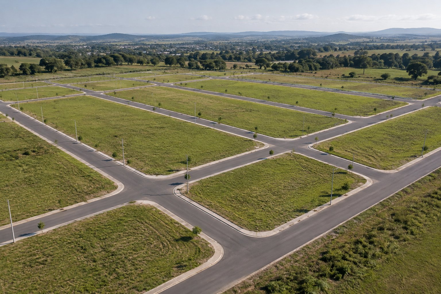Vista aérea de ruas e lotes de um loteamento planejado