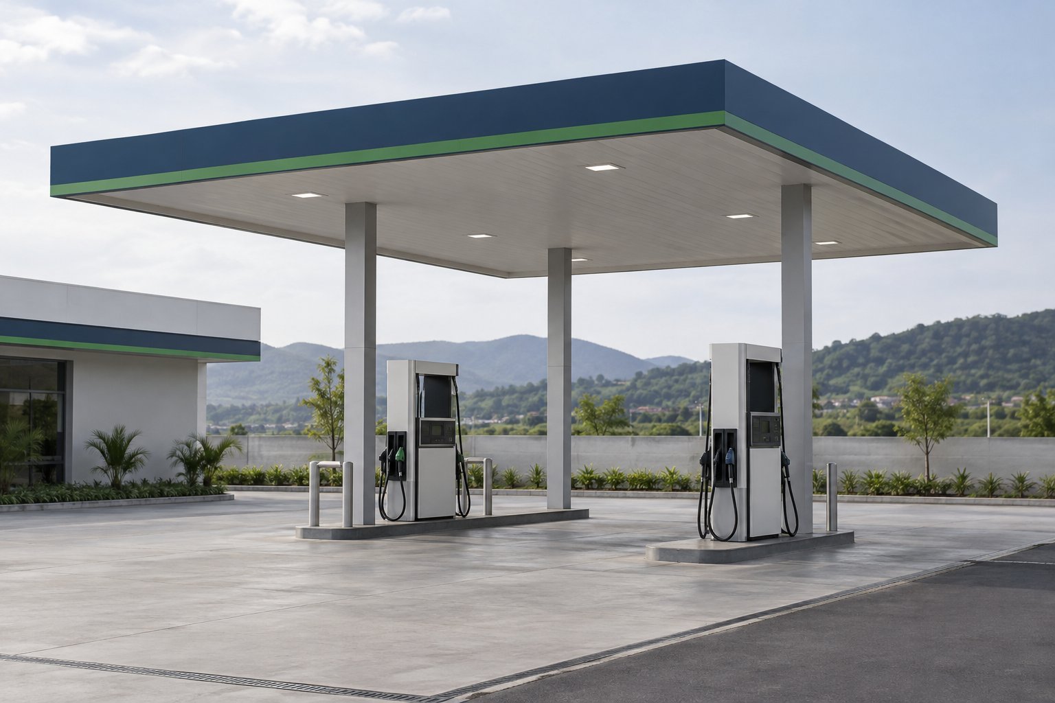 Posto de combustíveis com instalações organizadas e sem pessoas